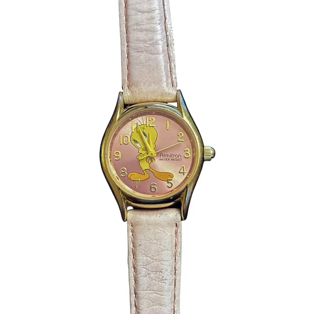 Vintage Armitron Tweety Bird Quartz Watch Women's Gold Tone Analog Leather Band